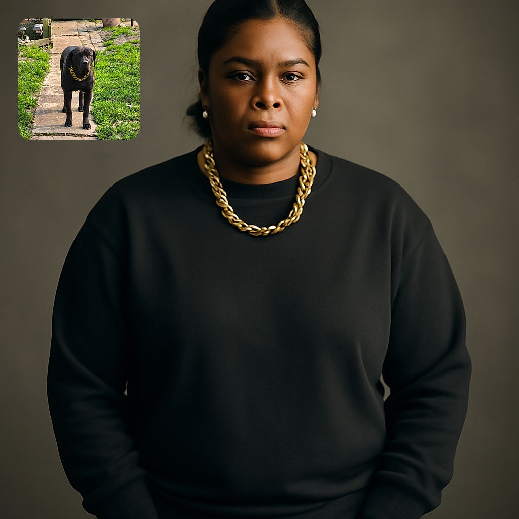 A regal black dog wearing a chunky gold chain stands confidently on a garden path, surrounded by lush green grass and a colorful flower pot in the background, basking in the soft sunlight.