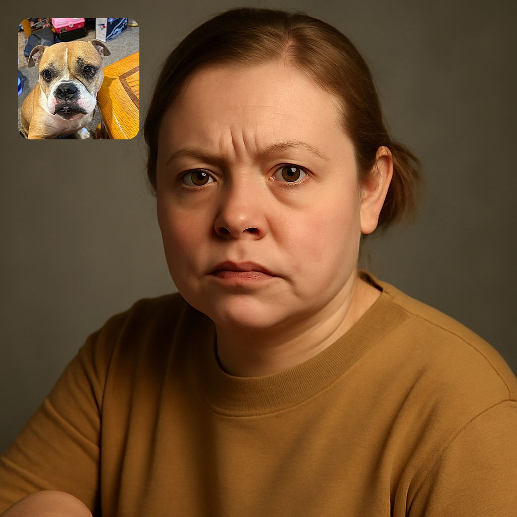 A close-up photo of a curious dog with soulful eyes, leaning on a wooden table in a cozy indoor setting cluttered with various household items in the background.