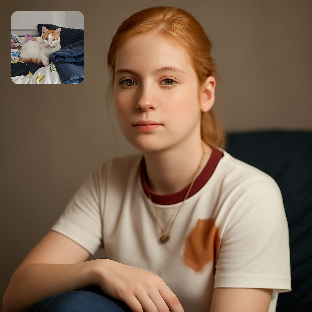 A relaxed orange and white cat lounges comfortably on a colorful bedspread surrounded by scattered clothes and a folded dark blue blanket, looking mildly curious with a soft indoor light highlighting its fur.