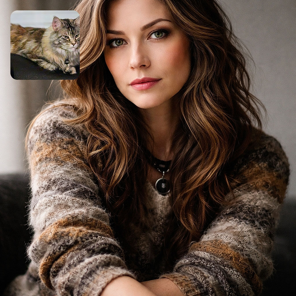 A regal, fluffy tabby giving the exact level of judgment only a cat can deliver, perched on the back of a couch with a tiny bell on its collar and enough fur to start its own weather system.