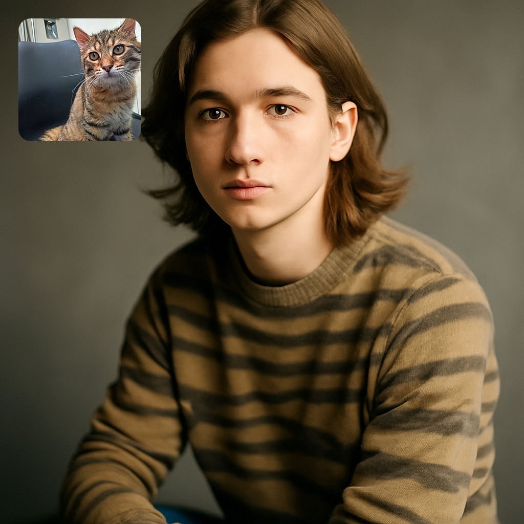 A curious tabby kitten sits on a black chair, its big eyes focused on something just out of frame, with a slightly blurred background featuring a refrigerator and a hanging paper.