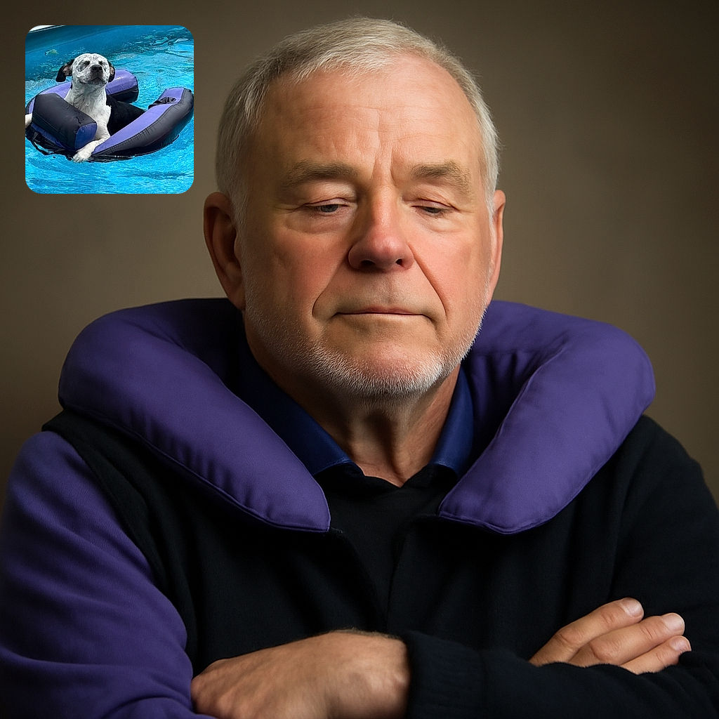 A relaxed dog with closed eyes is chilling on a purple and black inflatable float in a bright blue pool, clearly enjoying the sunny day and the cool water vibes.