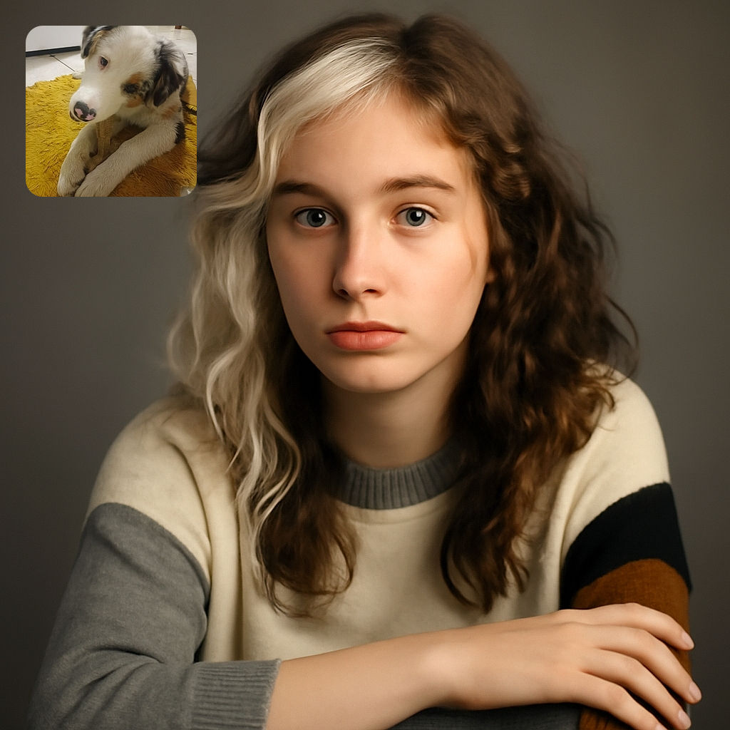 A fluffy puppy with a charming pink and black nose is curiously chewing on a bone while lying on a cozy yellow rug, giving off serious adorable vibes in a homey tiled kitchen setting.