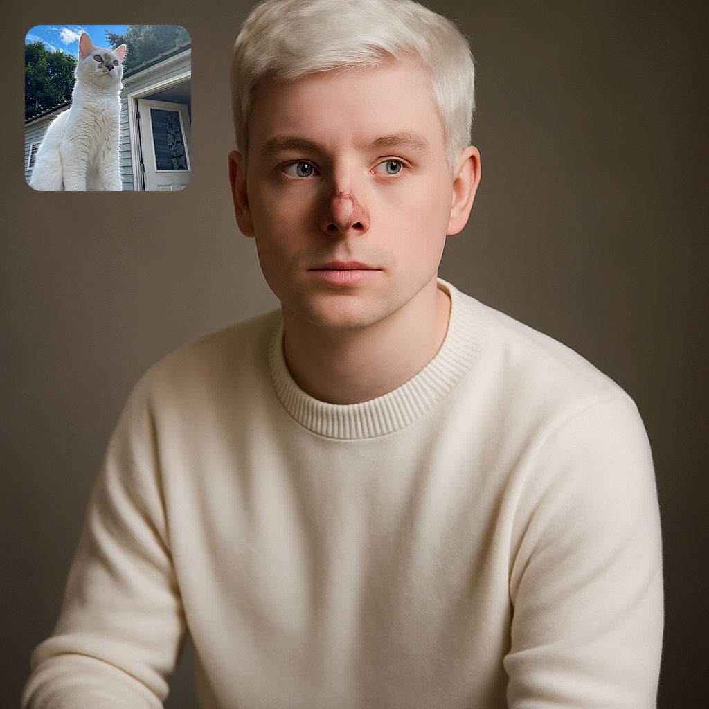 A majestic white cat with a quirky gray patch on its nose poses like a tiny lion king against a backdrop of blue sky, fluffy clouds, and leafy trees. The open door and house siding add a cozy suburban vibe to this feline's grand stance.