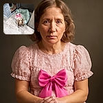 A cute dog wearing a pink dress with a bow is sitting on a light blue paw-print dog bed, looking up with hopeful eyes in a cozy indoor setting with a small dog house and another bed in the background.