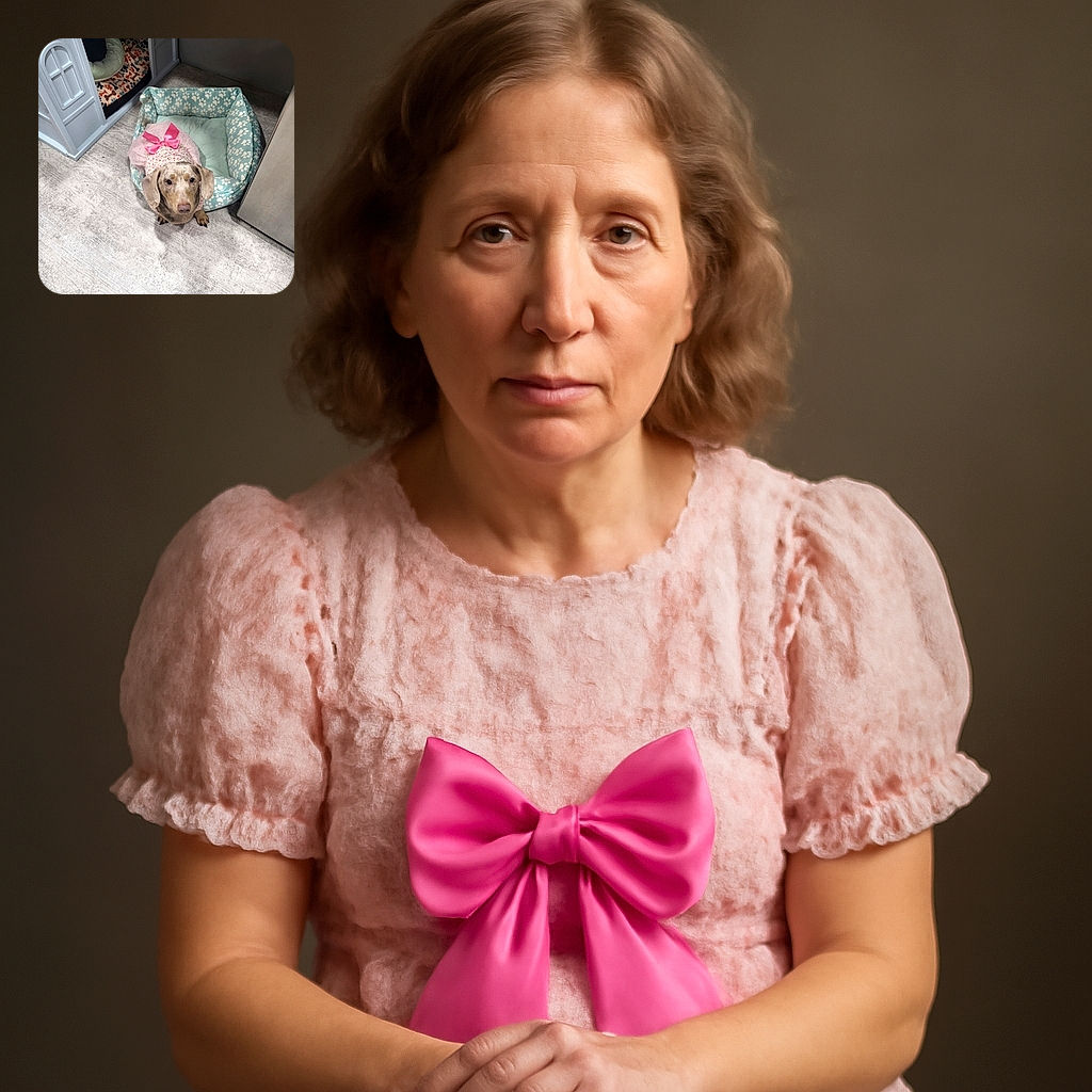 A cute dog wearing a pink dress with a bow is sitting on a light blue paw-print dog bed, looking up with hopeful eyes in a cozy indoor setting with a small dog house and another bed in the background.