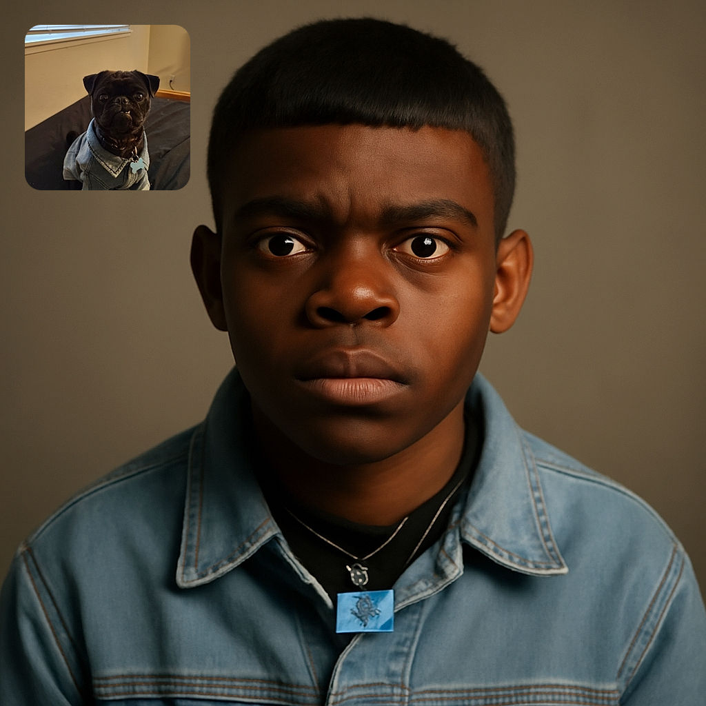 A charming black pug wearing a denim jacket sits attentively on a bed with a neutral background, its expressive eyes and tiny underbite giving it a quirky, lovable personality.
