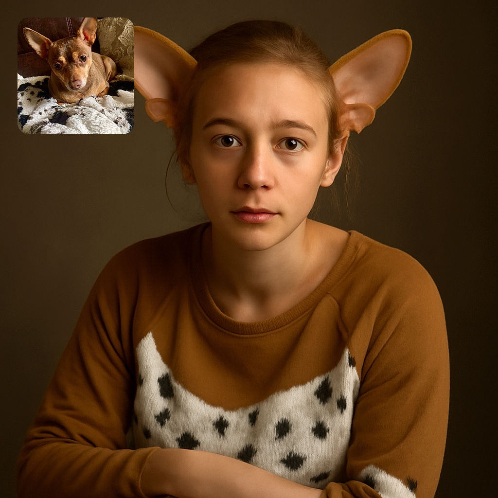 A small, alert dog with large ears lounges comfortably on a cozy, patterned blanket draped over a leather couch, looking directly at the camera with soulful eyes.