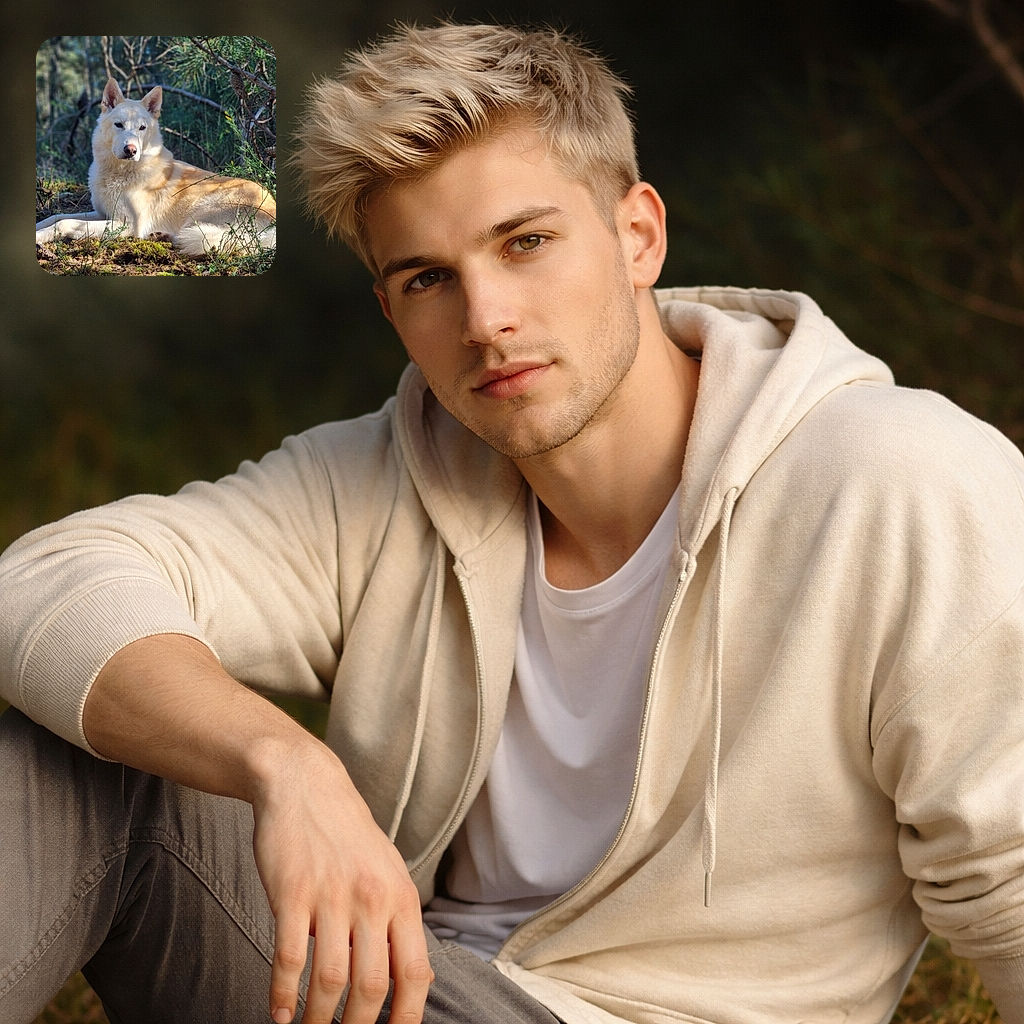 A regal white dog lounges like a forest monarch on a bed of moss, bathed in dappled sunlight and giving a politely unimpressed stare while pinecones and branches look on conspiratorially.