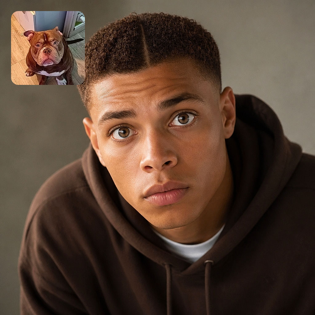 A wonderfully wide-eyed bulldog sits on the floor, staring into the camera with the solemn expression of a tiny furry landlord inspecting the premises. Its broad wrinkled face, folded ears, white chest, and chunky paws steal the spotlight against the warm wood floor and indoor furnishings.