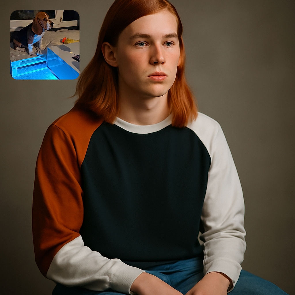 A thoughtful beagle puppy sits patiently on a cozy blanket atop white wooden pallets, bathed in a cool blue light emanating from under a modern white table. Nearby, a yellow and orange plush toy adds a splash of color to this serene indoor scene.