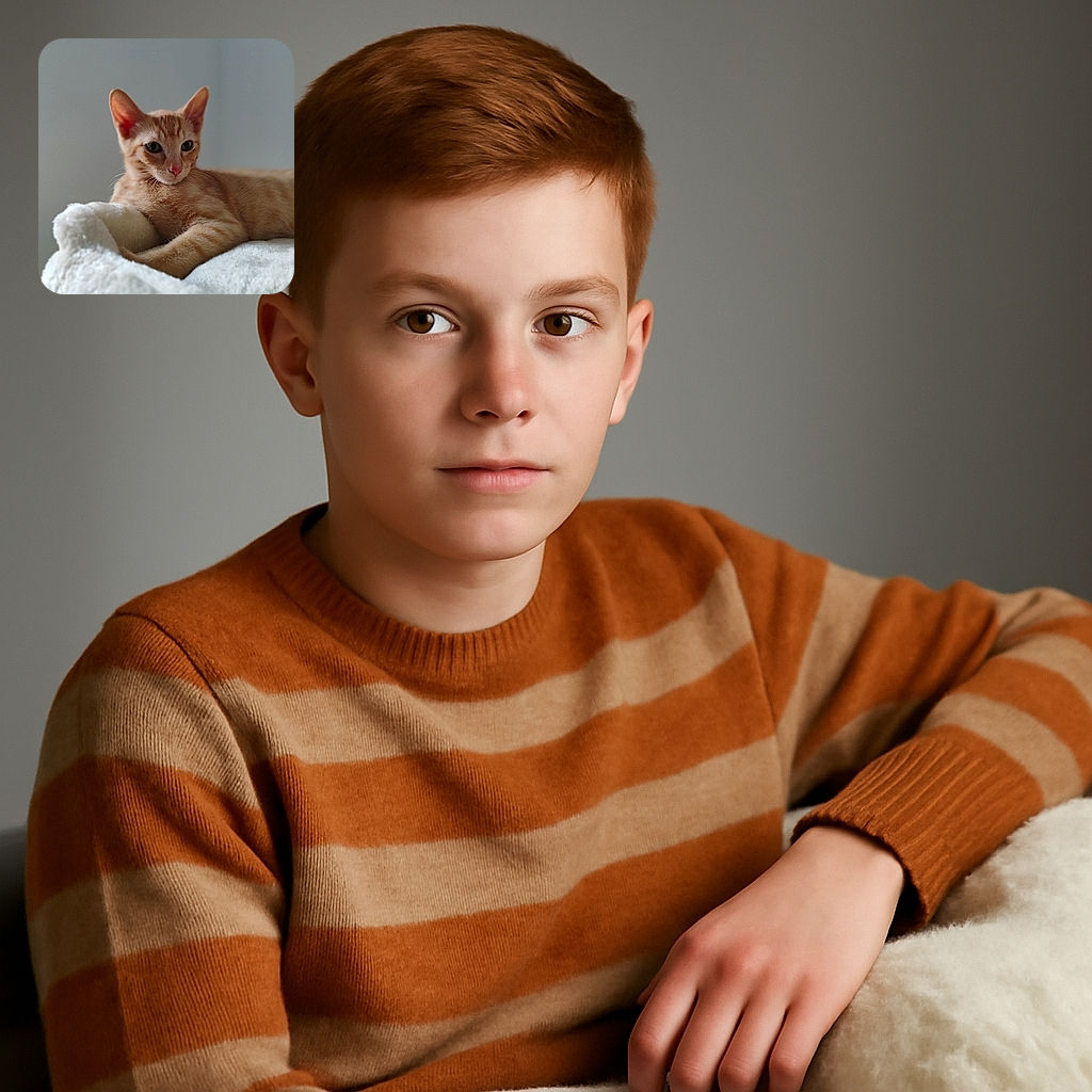 A cozy orange tabby kitten lounges on a fluffy white blanket, gazing off with curious eyes and a soft pink nose, perfectly capturing the essence of feline relaxation in a minimalist setting.