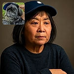A fluffy black dog wearing a blue cap lounges on a textured blanket outdoors, looking thoughtfully into the distance as a hand gently rests nearby, with grass and tree trunks softly blurred in the background.