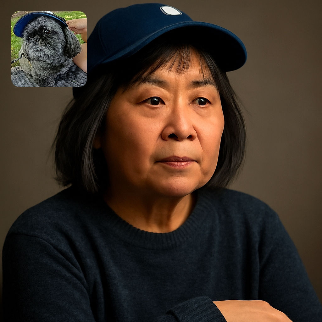 A fluffy black dog wearing a blue cap lounges on a textured blanket outdoors, looking thoughtfully into the distance as a hand gently rests nearby, with grass and tree trunks softly blurred in the background.