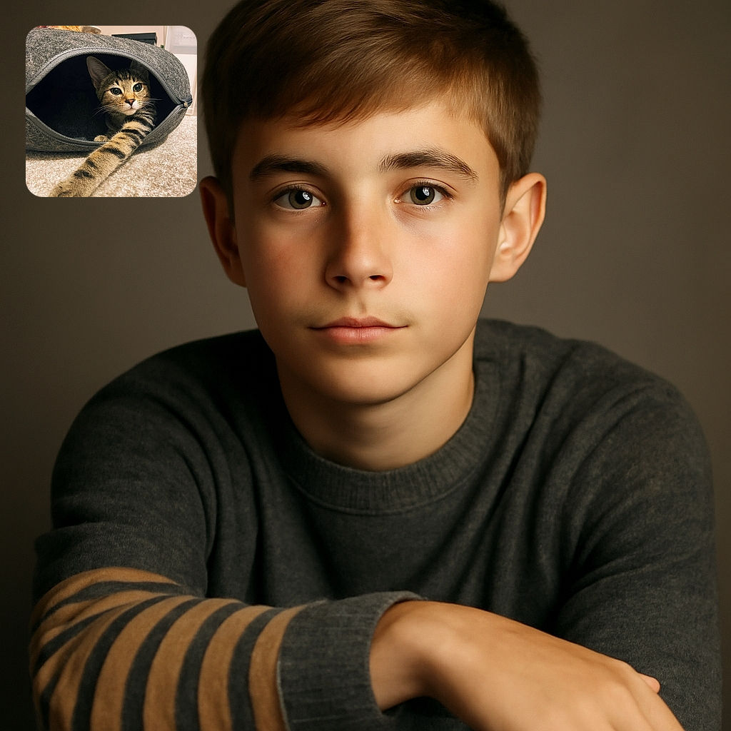 A curious tabby kitten stretches its paw out from a cozy gray tunnel bed, eyes wide open and alert, while a second cat's ears peek over the top in the background, all set on a soft carpeted floor in a warm indoor setting.