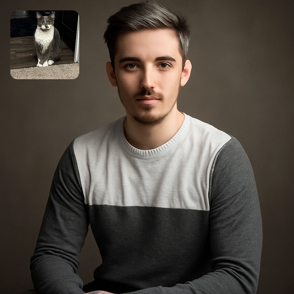 A poised gray and white cat sits elegantly on the edge of a carpeted floor, staring intently at the camera with bright yellow eyes. The background features a wooden floor and dark furniture, making the cat the undeniable star of the scene.