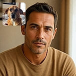 A handsome brown dog sits proudly on a bed, staring into the camera like it has just been promoted to head of household security. The cozy room, bright window, framed artwork, and open book make this look like a very serious portrait of a very good boy.
