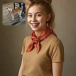 A cheerful dog with a fluffy tail and a colorful bandana smiles brightly while standing on a wooden floor in a cozy kitchen setting, surrounded by furniture and cabinets.