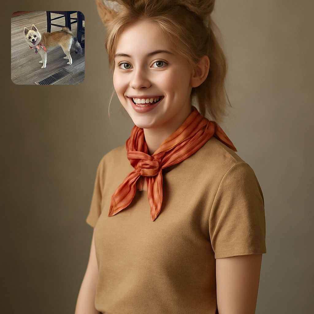 A cheerful dog with a fluffy tail and a colorful bandana smiles brightly while standing on a wooden floor in a cozy kitchen setting, surrounded by furniture and cabinets.