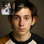 A close-up shot of an adorable tri-color dog with big, shiny eyes looking curiously at the camera, the background softly blurred to keep all attention on this furry little face.