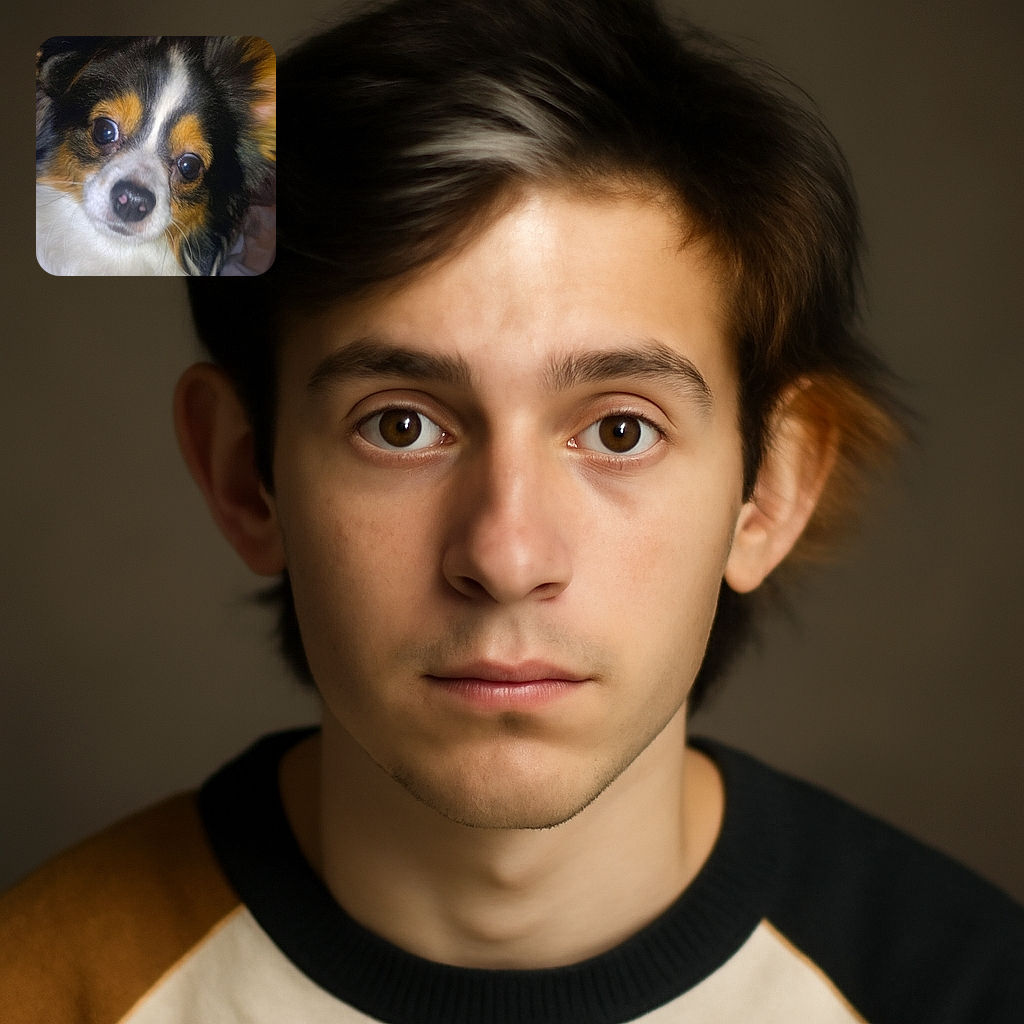 A close-up shot of an adorable tri-color dog with big, shiny eyes looking curiously at the camera, the background softly blurred to keep all attention on this furry little face.