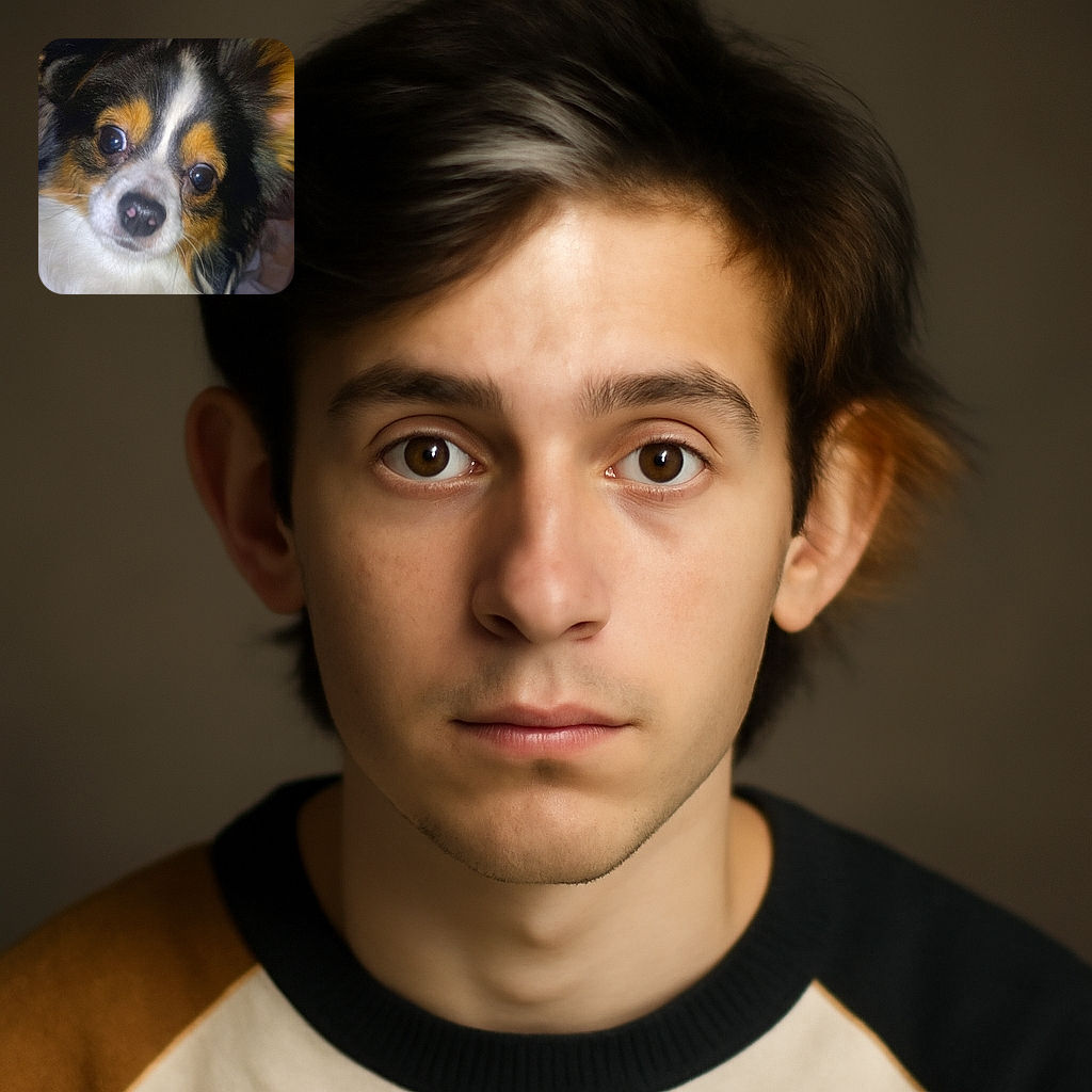 A close-up shot of an adorable tri-color dog with big, shiny eyes looking curiously at the camera, the background softly blurred to keep all attention on this furry little face.