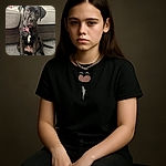 A charming black puppy with soulful eyes sits attentively on a carpeted floor, sporting a pink bone-shaped tag that reads 'Tessa'. The cozy background features a textured couch and a hint of a pink blanket, creating a warm and homely atmosphere.