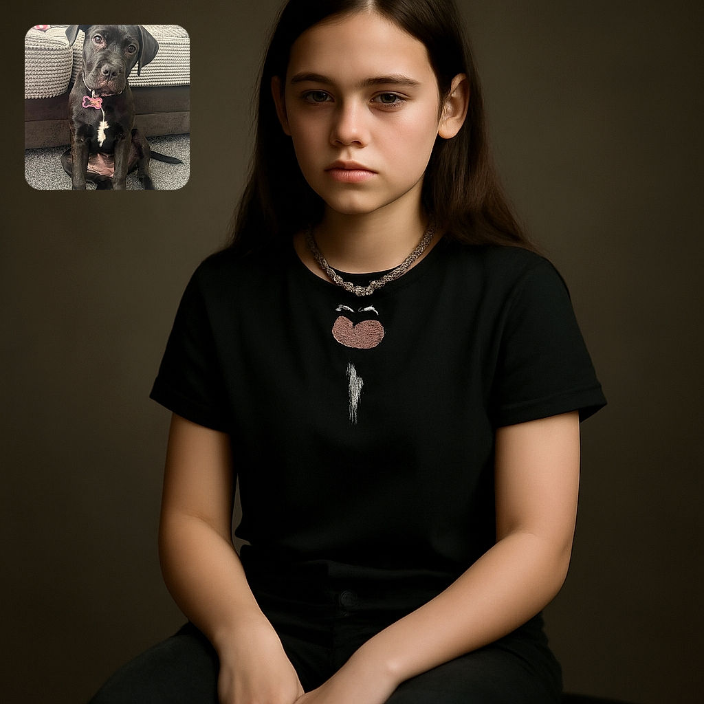 A charming black puppy with soulful eyes sits attentively on a carpeted floor, sporting a pink bone-shaped tag that reads 'Tessa'. The cozy background features a textured couch and a hint of a pink blanket, creating a warm and homely atmosphere.