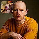 A close-up photo of a large dog with a white and brown coat lying on a carpet indoors. The dog looks calm and is being gently held by a person wearing a yellow sleeve, whose hand is visible under the dog's chin. The background shows a window with white curtains and part of a radiator.