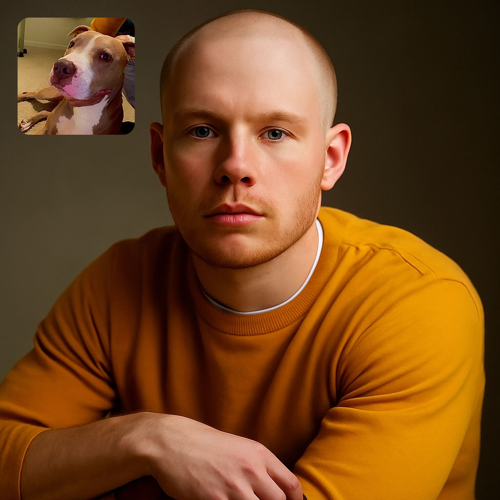 A close-up photo of a large dog with a white and brown coat lying on a carpet indoors. The dog looks calm and is being gently held by a person wearing a yellow sleeve, whose hand is visible under the dog's chin. The background shows a window with white curtains and part of a radiator.