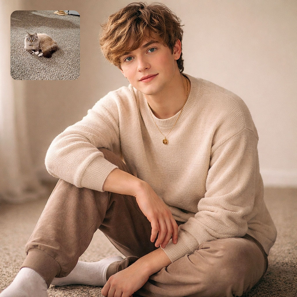 A fluffy, blue-eyed cat lounged on a speckled carpet like it owns the place — tiny white-socked paws tucked under, a bushy tail curled, and an expression that says 'you may proceed with snacks.'