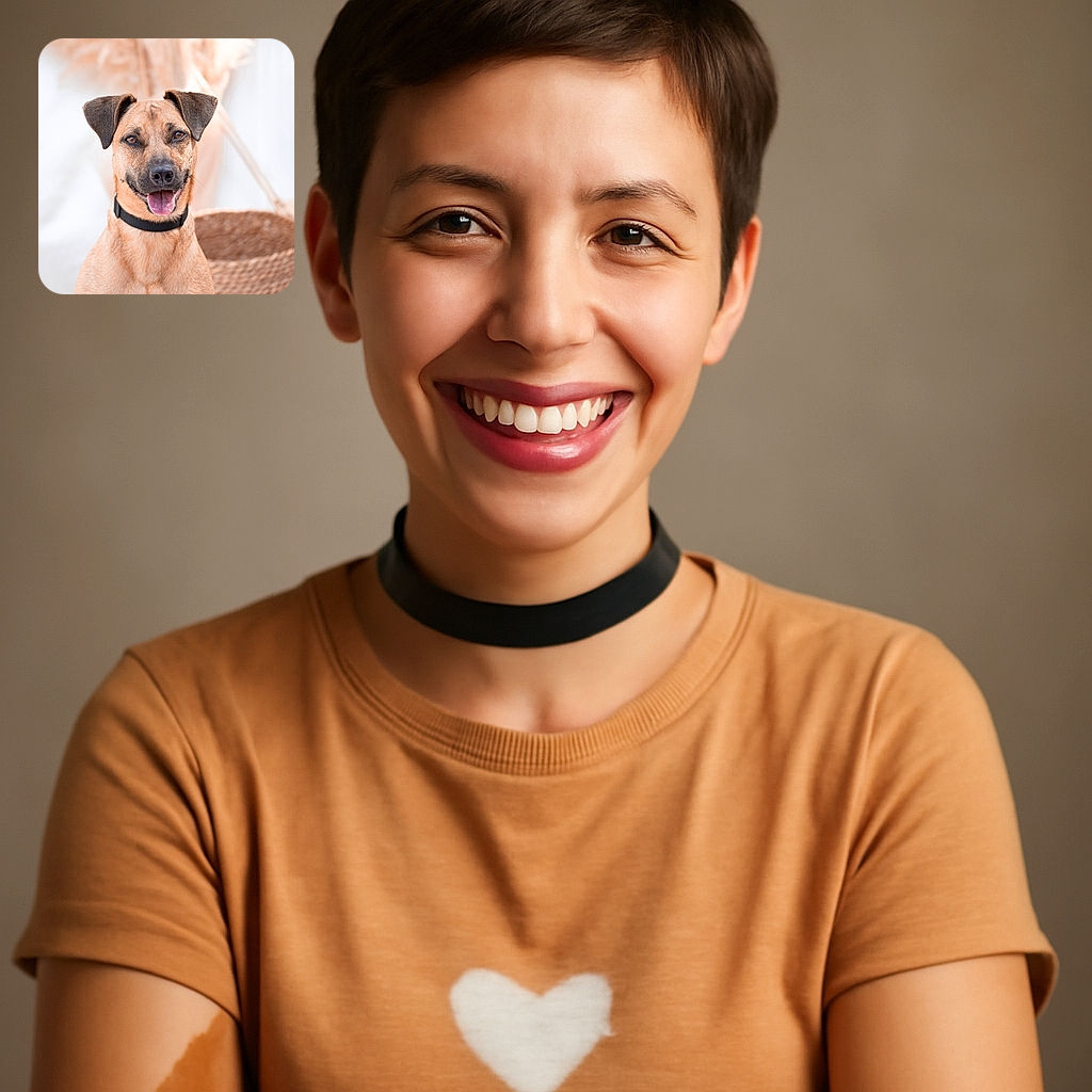 A cheerful dog with a black collar smiles brightly at the camera, its tongue playfully out. The background is softly blurred with warm tones and a woven basket, giving the image a cozy, inviting vibe.