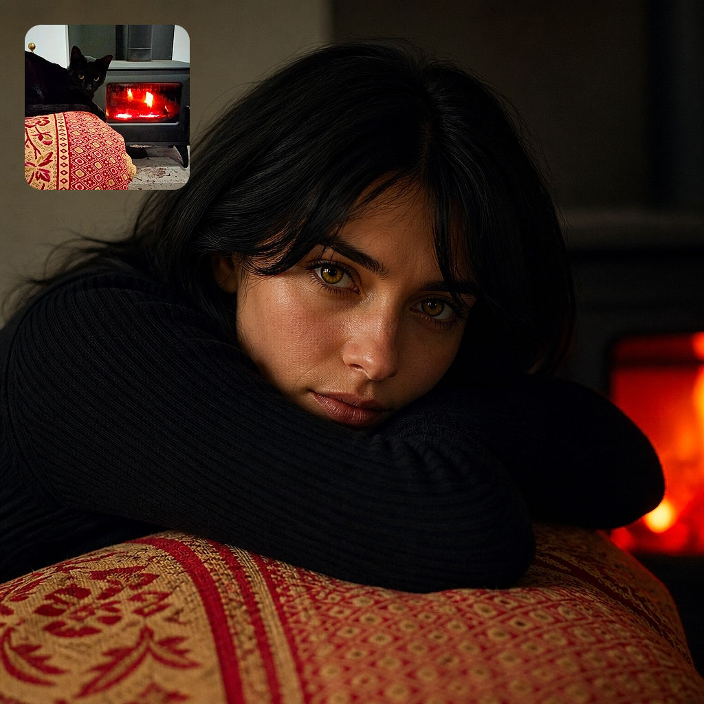A sleek black cat lounges like a tiny fireplace supervisor, calmly staring into the camera while a glowing wood stove roars beside it. The richly patterned red-and-gold blanket adds a cozy, festive touch, as if the cat has claimed the warmest throne in the house.