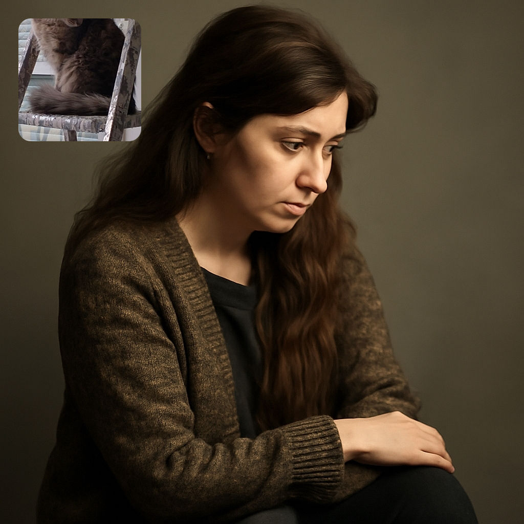 A fluffy cat perched gracefully on a rustic ladder, gazing downward with curiosity. The background features window blinds softly diffusing daylight, while the photo includes some user interface elements and text overlays from a messaging app.