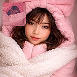 A cozy cat peeks out from a fluffy pink blanket, wearing a cute headband with a big bow, looking like it's ready for a nap or a fancy tea party. The whole scene is wrapped in a warm pink hue, making the kitty look like a tiny, pampered princess.