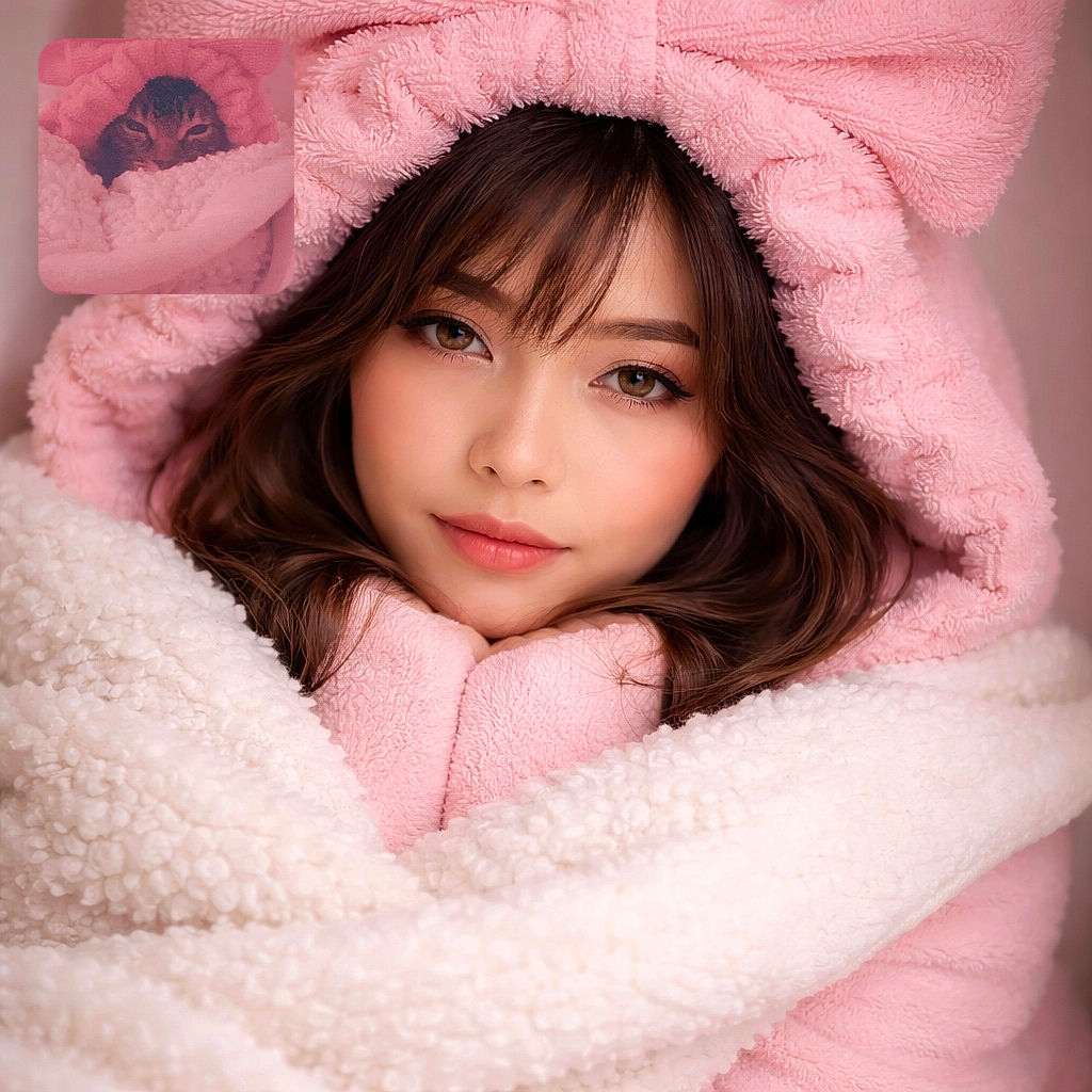 A cozy cat peeks out from a fluffy pink blanket, wearing a cute headband with a big bow, looking like it's ready for a nap or a fancy tea party. The whole scene is wrapped in a warm pink hue, making the kitty look like a tiny, pampered princess.