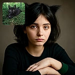 A curious black kitten with striking eyes lounges in the lush green grass, blending shadows and light in a peaceful garden scene with a hint of a metal chair leg in the background.