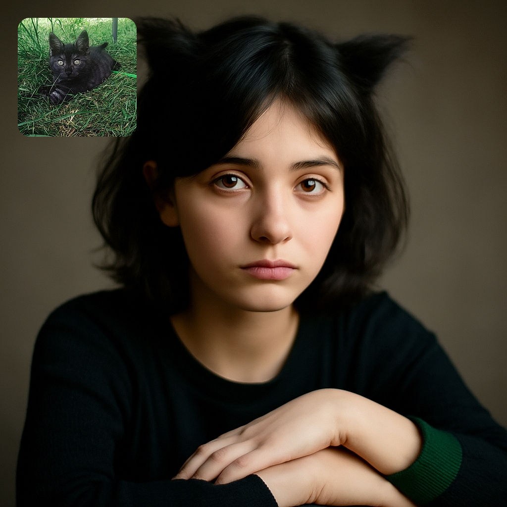 A curious black kitten with striking eyes lounges in the lush green grass, blending shadows and light in a peaceful garden scene with a hint of a metal chair leg in the background.