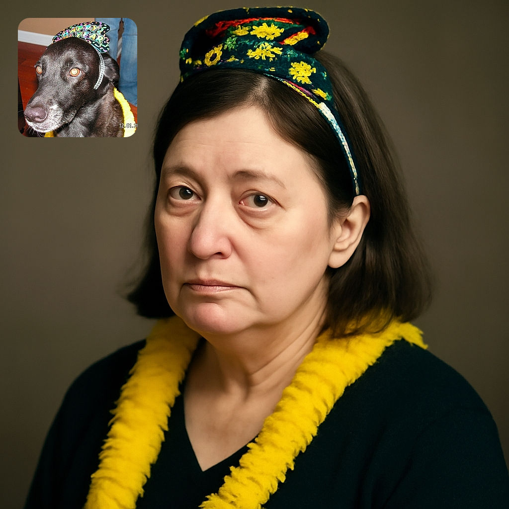 A close-up photo of a black dog wearing a colorful 'Happy New Year' headband and a yellow garland, standing on a wooden floor with a person's legs in jeans visible in the background. The dog's eyes reflect the camera flash, giving it a shiny look.