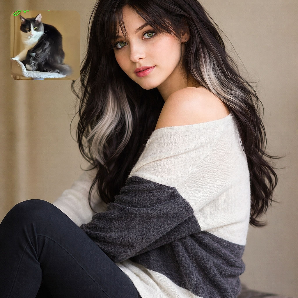 A fluffy black and white cat sits perched on a scratching post, with a slightly blurry focus giving it a soft, dreamy look. Above the cat, bright green handwriting spells out 'Little Ones,' adding a playful touch to the cozy indoor scene.