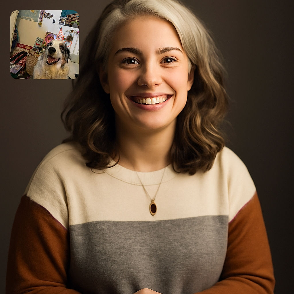 A happy dog sporting a playful unicorn headband with orange wire ears and horn, sitting in a cozy, cluttered room filled with toys, medals, and colorful decor. The dog's joyful expression and bright eyes make it look like the star of a whimsical costume party.