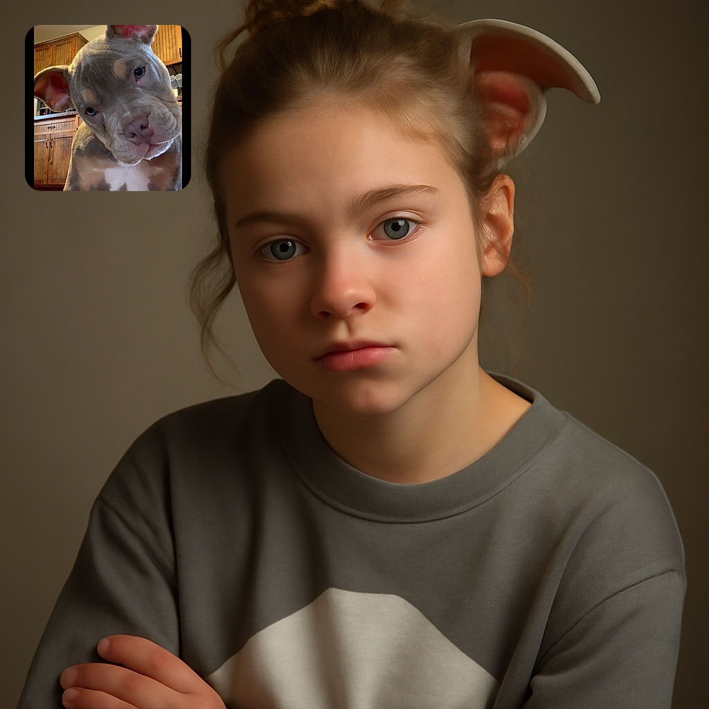 A curious puppy with a tilted head stares directly at the camera, showcasing its soft fur and expressive eyes in a cozy kitchen setting with wooden cabinets in the background.