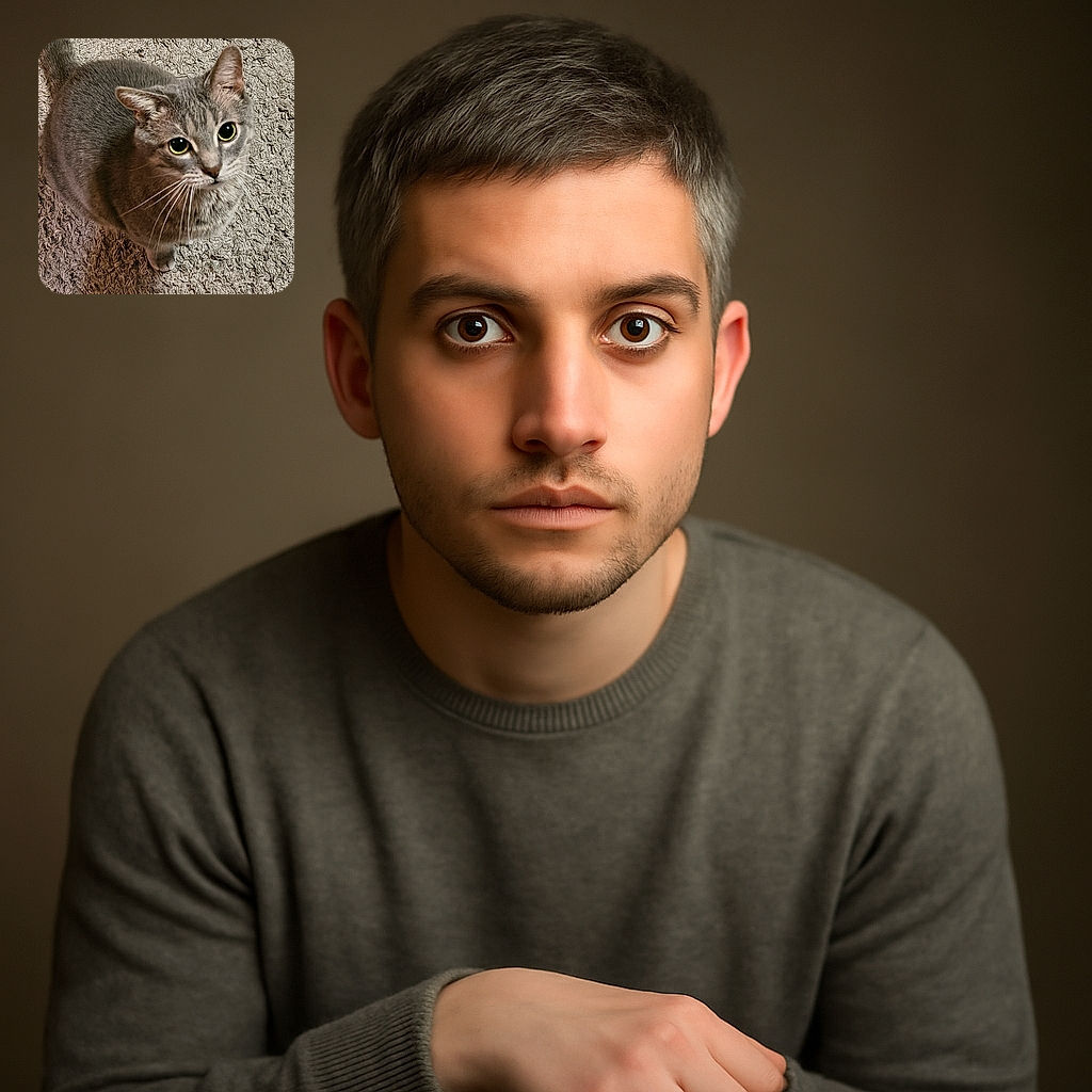 A curious gray tabby cat with striking green eyes looks up expectantly from a textured beige carpet, its tail curling behind it as if ready to pounce or demand attention.