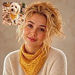 A fluffy cream-colored dog sits like a perfectly behaved studio model, proudly wearing a sunny yellow bandana while surrounded by daisies, cozy paw-print blankets, and a personalized plush bone. The dog’s expression says, “Yes, I am a good girl—and I expect treats for this portrait.”