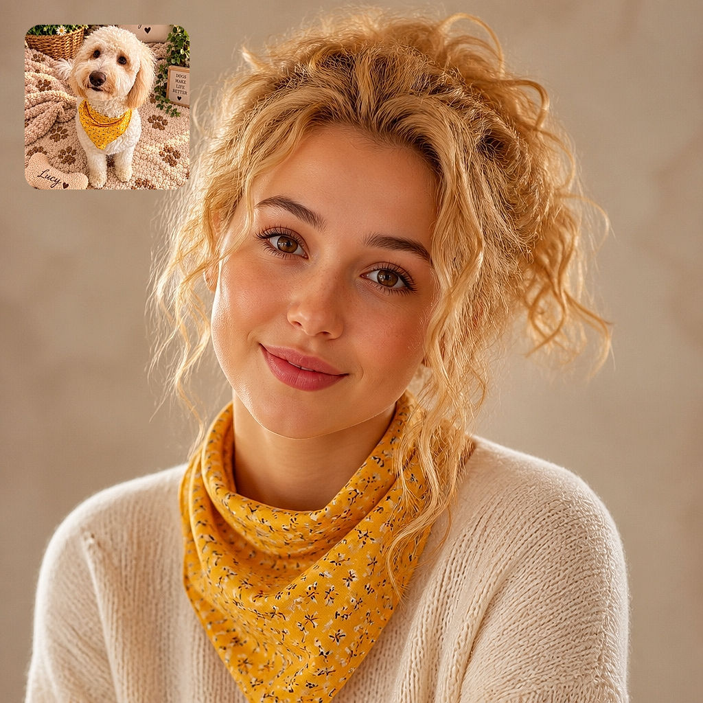 A fluffy cream-colored dog sits like a perfectly behaved studio model, proudly wearing a sunny yellow bandana while surrounded by daisies, cozy paw-print blankets, and a personalized plush bone. The dog’s expression says, “Yes, I am a good girl—and I expect treats for this portrait.”