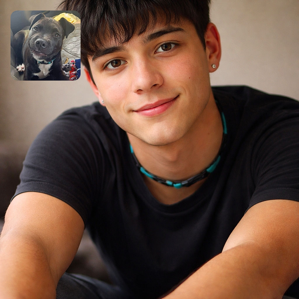 A cheeky black puppy lounges in the car passenger seat giving a lopsided grin — big wet nose, soulful eyes, a teal collar, and a colorful fleece blanket pile beside the steering wheel. Pure road-trip charm and mischief in one frame.
