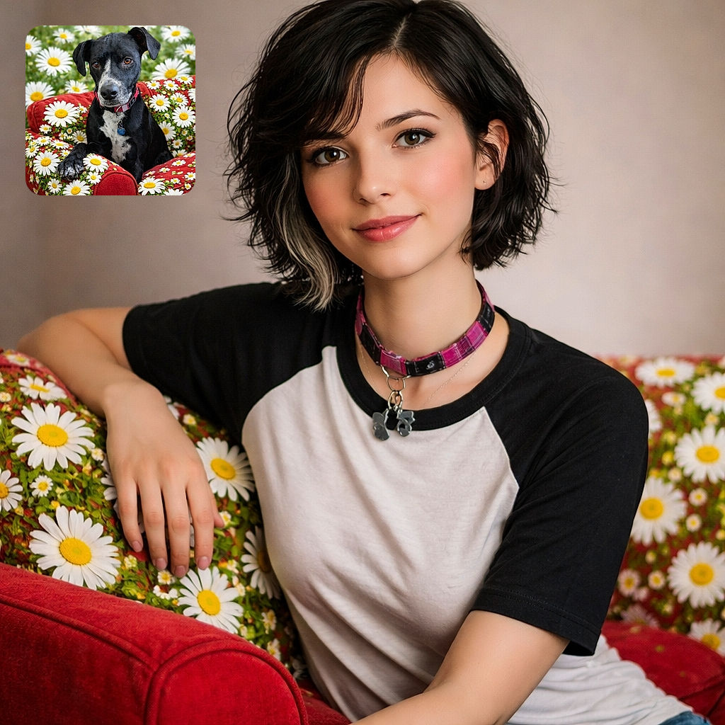 A dignified black dog lounges like a floral royalty on a red daisy-covered armchair, one paw draped over the armrest and amber eyes staring straight into the camera as if posing for a magazine ad in a spring meadow.