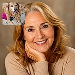 A cheerful golden dog lounges like a furry king on a shaggy bed, proudly guarding a blue ball and a pink spiky toy while flashing a goofy tongue-out grin for the camera.