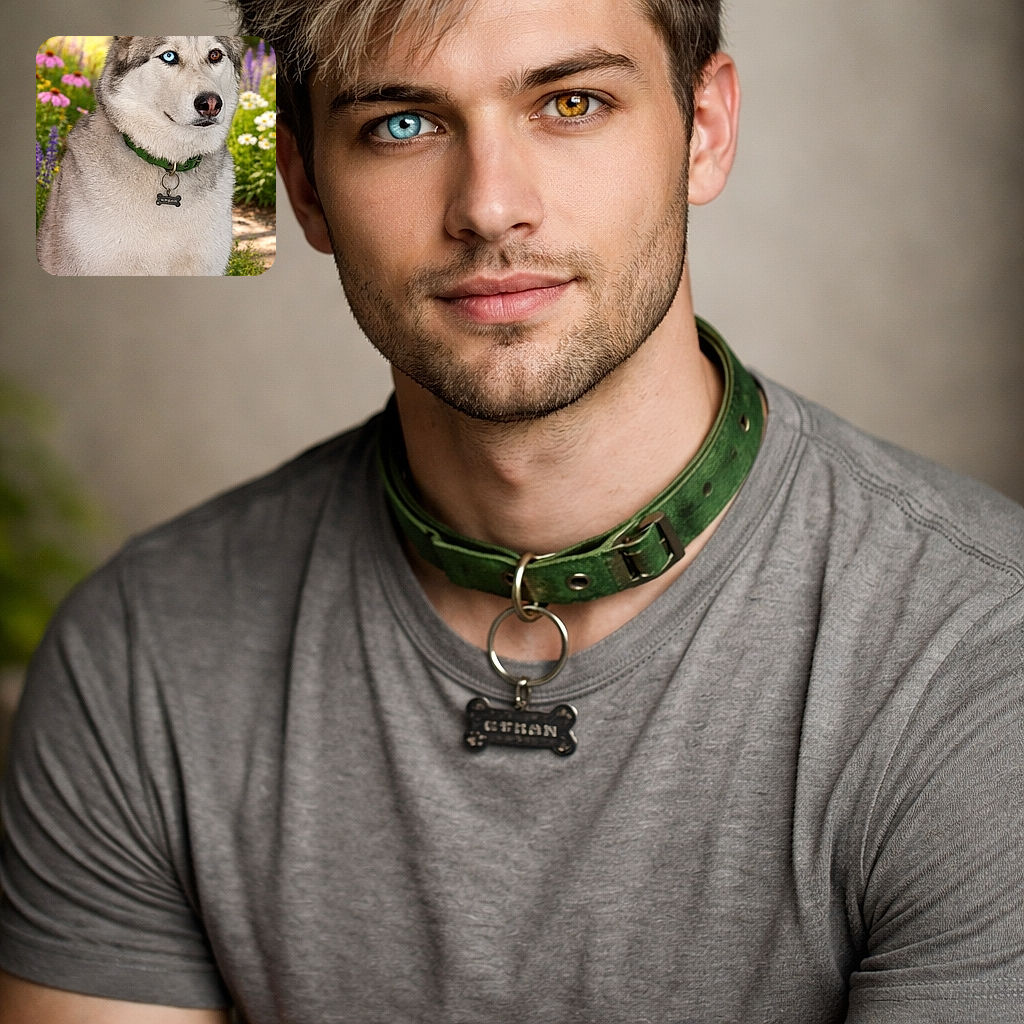 A majestic husky with striking heterochromia eyes, one icy blue and one warm brown, sitting proudly in a vibrant garden full of colorful flowers, wearing a green collar with a bone-shaped tag.