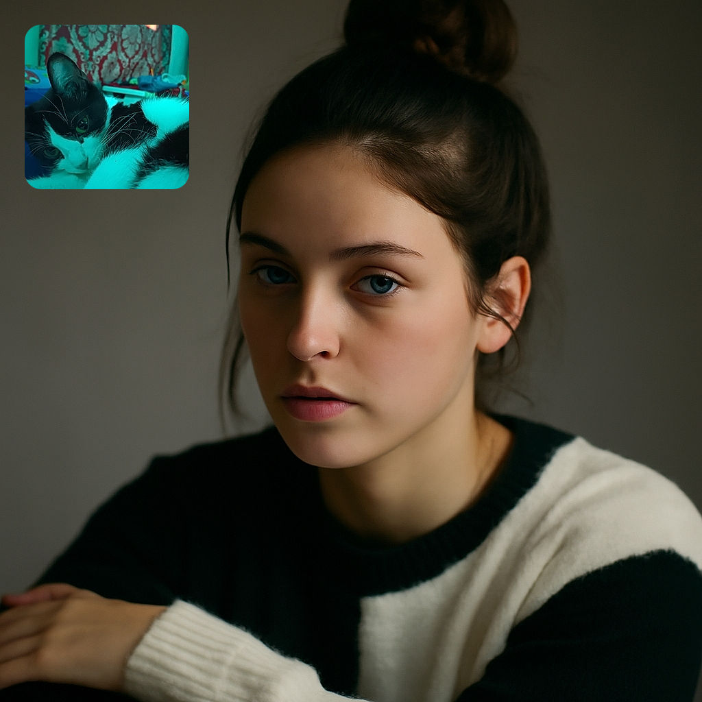 A close-up shot of a black and white cat lounging comfortably, with a cozy indoor background featuring patterned curtains and colorful bedding. The lighting has a cool, bluish tint giving the scene a calm, relaxed vibe.